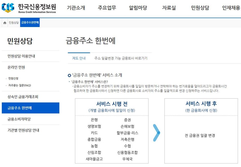 이사할때 금융주소 한번에 옮기는 내용